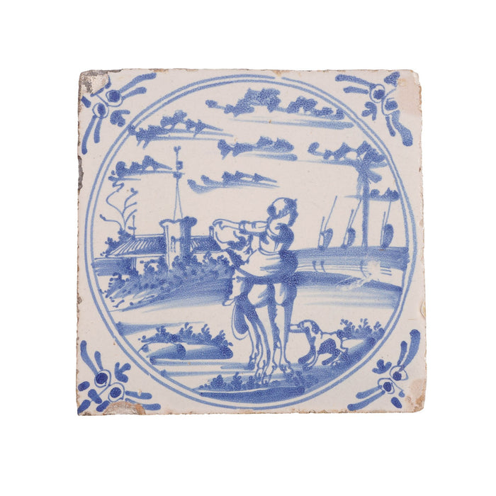 Deft scenic tile of girl astride a farm animal (c. 1600's)