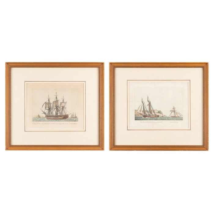 Pair of colored engravings of American ships under sail by Jean-Jerome Baugean (c. 1840)