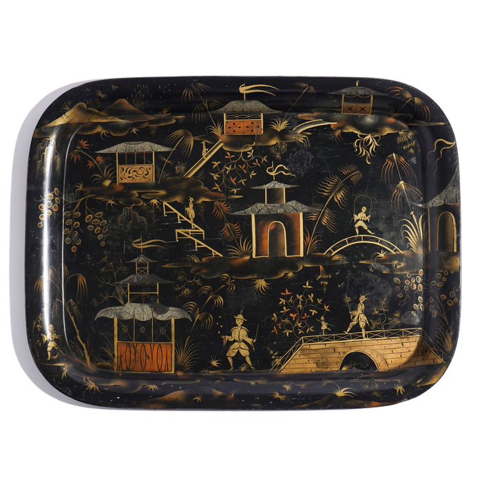 Large English chinoiserie rolled rim tole tray (c. 1830)