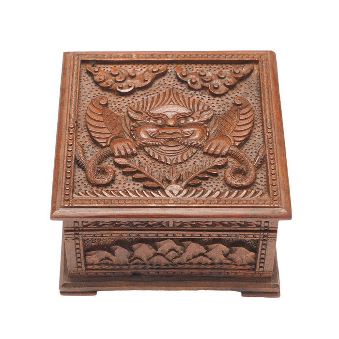 Hand carved Nepalese wood box with hinged lid (c. 1900-50)