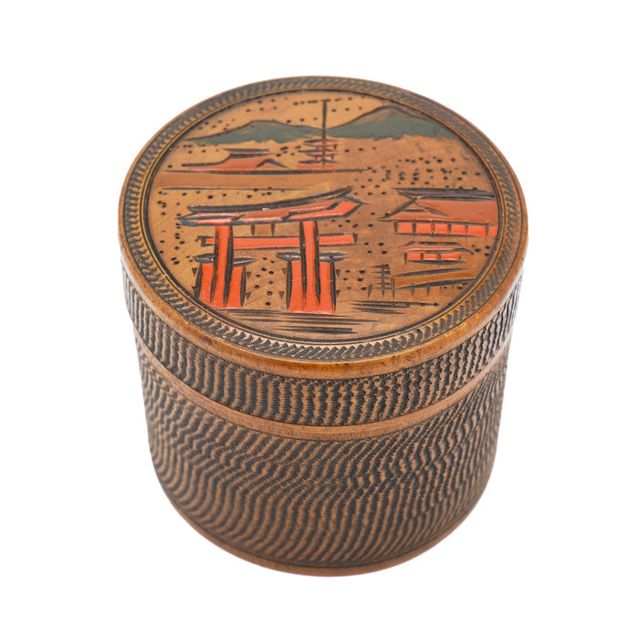 Japanese carved wood cylinder tea box (c. 1920)