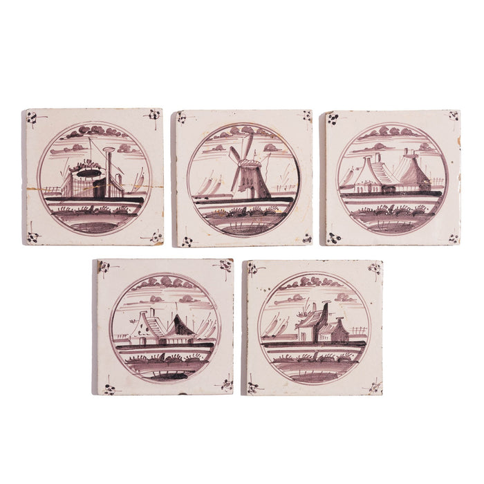 Set of 5 mulberry landscape Delft faience tiles (c. 1680-1720)