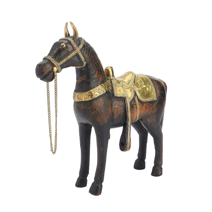 Anglo-Indian carved mango wood Marwari war horse figurine with brass saddle and equipage (1800's)