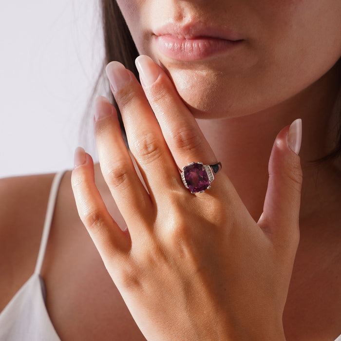 14k white gold ring with a pink rhodolite garnet & diamond baguettes