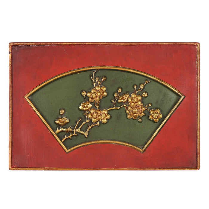 Chinese rectangular wood panel displaying shallow carved and gilt cartouche (1800's)