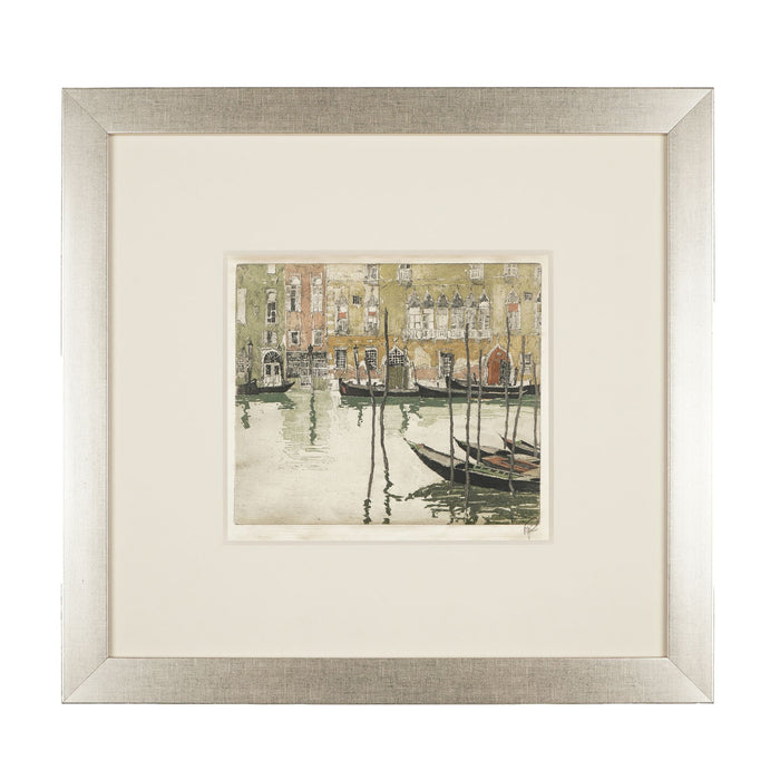 Hand colored etching of a Venetian canal with gondolas by Hans Figura (c. 1924)