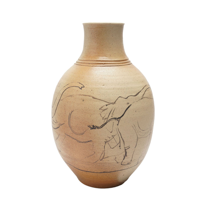 Stoneware vase with elephant sketch by Bruce Howdle (1980's)