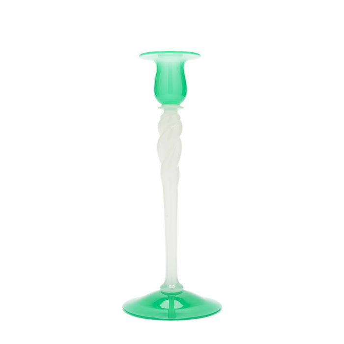 White opaline and jade glass candlestick by Steuben (c. 1925)