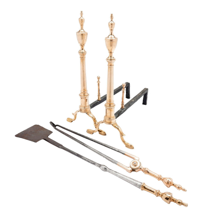 Pair of Philadelphia bell metal andirons with paired fire tools (c. 1790)