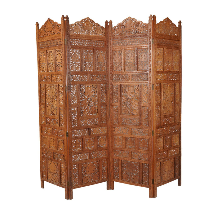 Indian carved & pierced teak folding screen (c. 1900-25)