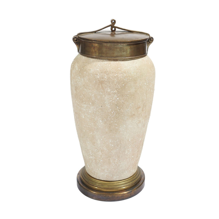 Tall ceramic jar with oxidized brass lid and base (c. 1900's)