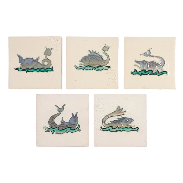Set of 5 Belgian faience tiles of imaginary fish (c. 1920)