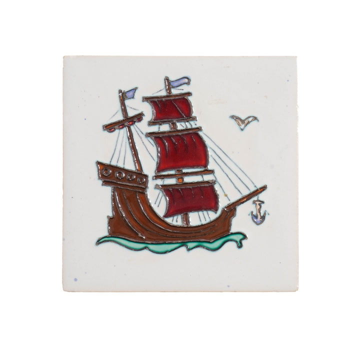 Belgian faience tile of a galleon under sail (c. 1920)