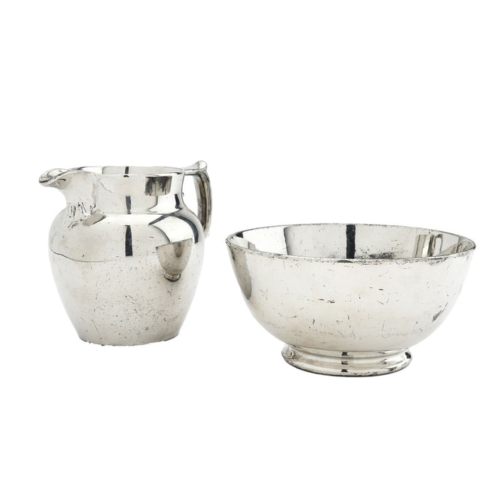 Staffordshire footed sugar bowl & creamer in silver luster (c. 1830)