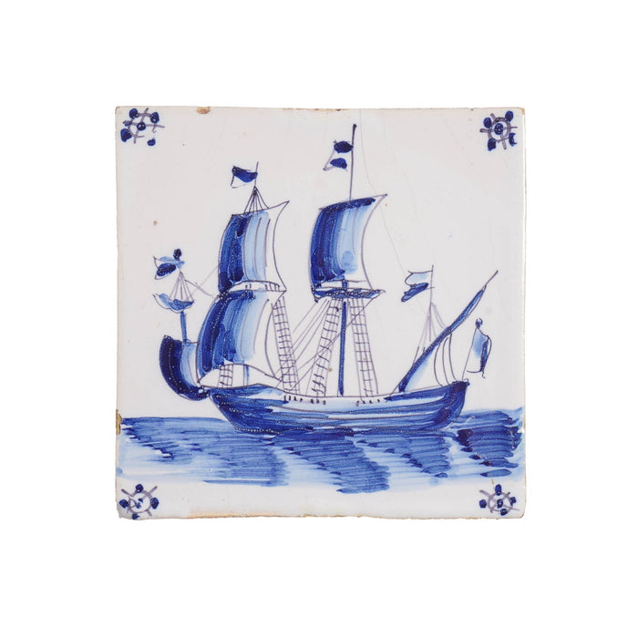 Vintage hand painted faience tile of a 3 masted vessel (c. 1900-50)