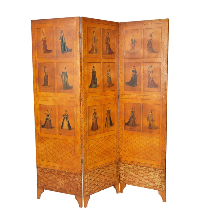 Three panel folding screen with French costume prints (c. 1900-30)