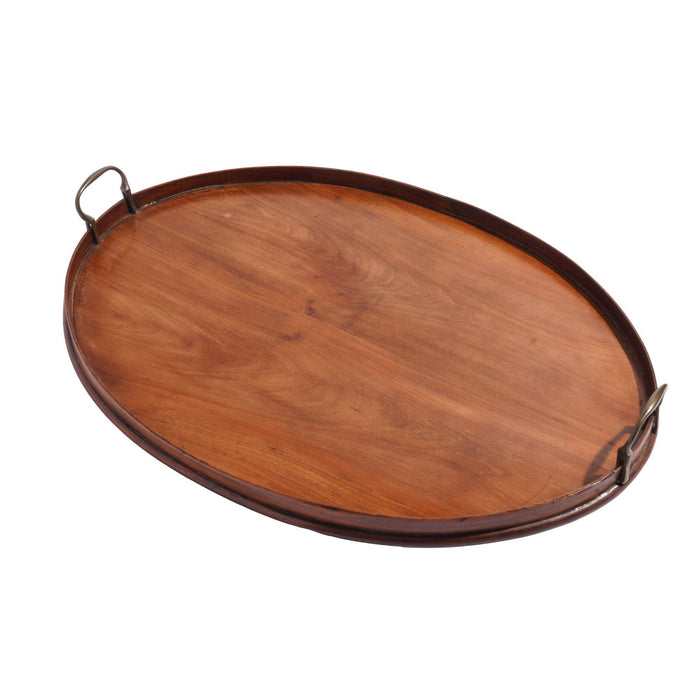 English oval mahogany standing rim tray with brass handles (c. 1850-1900)