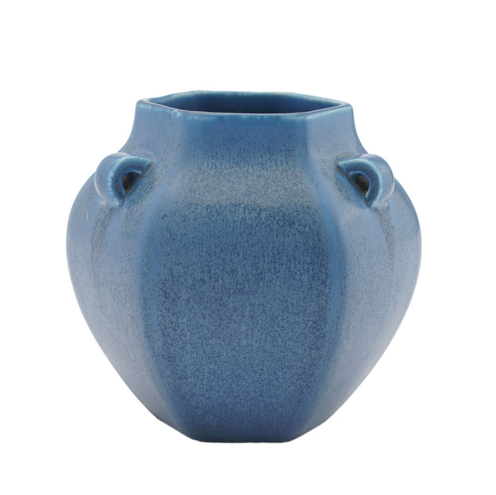 Hexagonal ceramic vase in a blue matte glaze by Rookwood (1930)