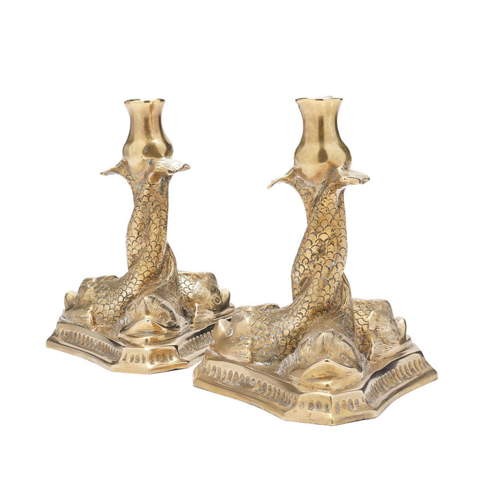 Pair of Italian brass candlesticks with three entwined fish (c. 1880-1900)