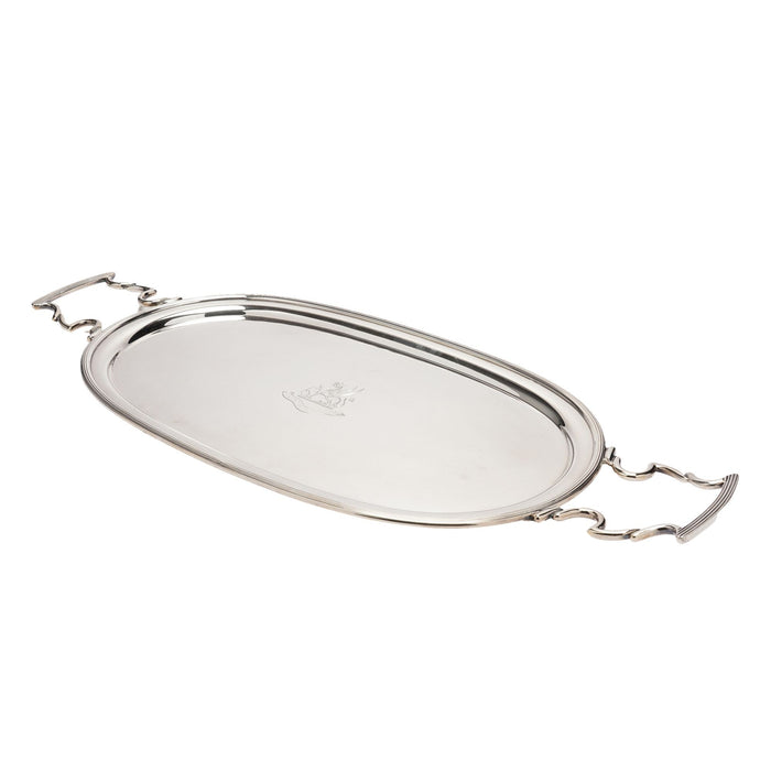 English Sheffield oval race track tray with applied handles (c. 1892-93)