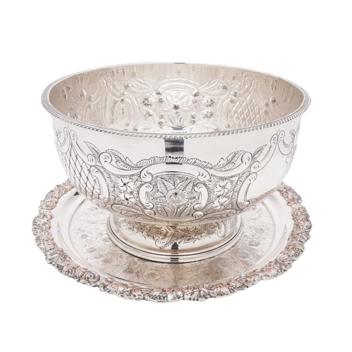 Vintage hand chased English Sheffield punch bowl & tray (c. 1900-50)