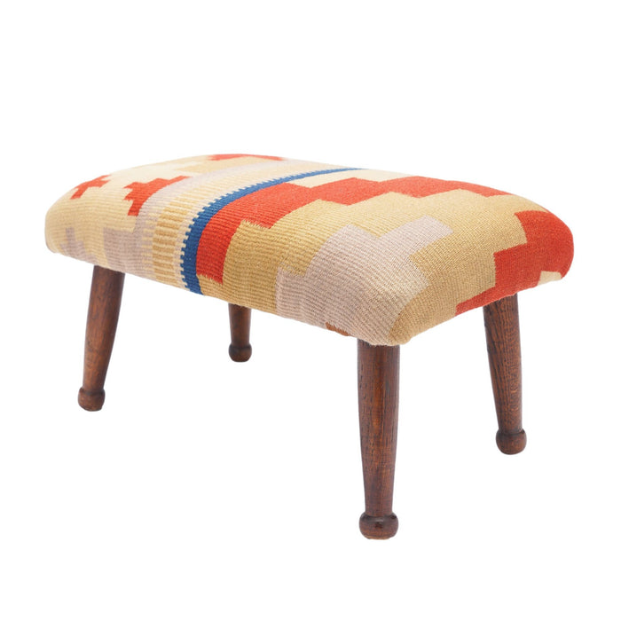 English upholstered footstool on turned oak legs (c. 1850-1900)