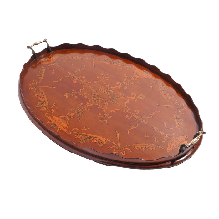 English mahogany oval inlaid serving tray with scalloped gallery (c. 1800's)