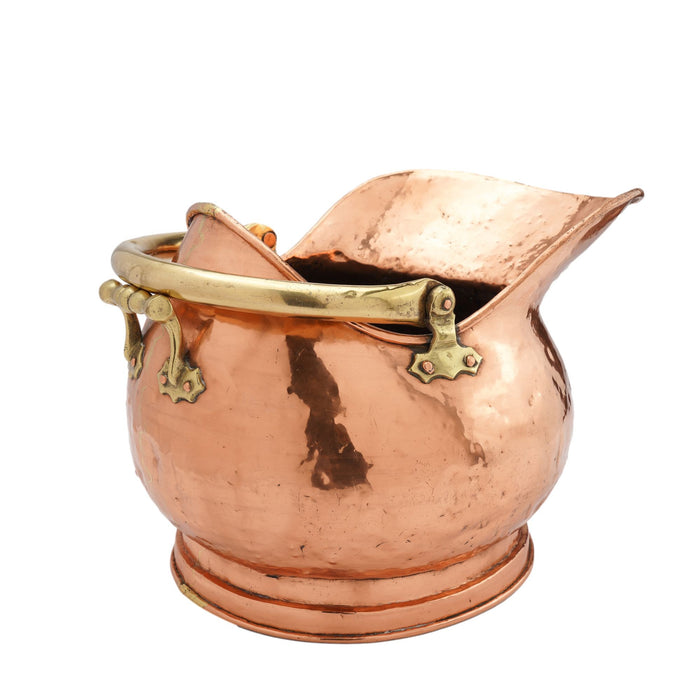 Helmet shaped copper coal hod on a circular footed base (1800's)