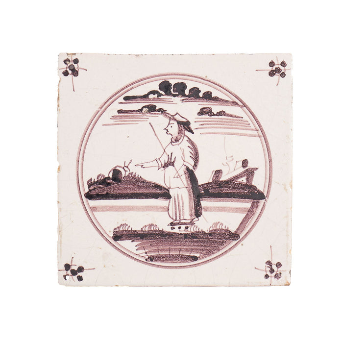 Set of 7 mulberry decorated figural Delft faience tiles (c. 1680-1700)