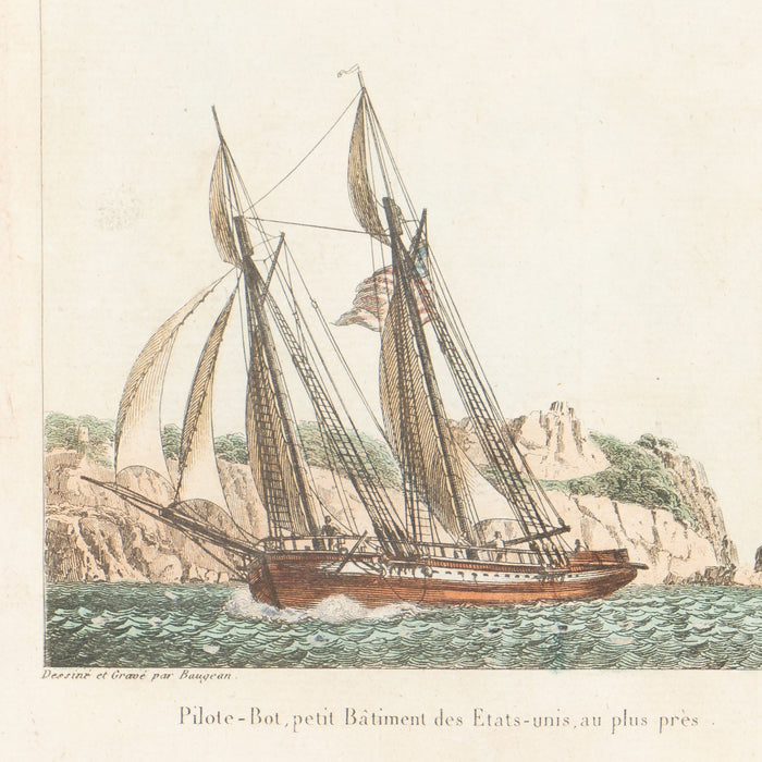 Pair of colored engravings of American ships under sail by Jean-Jerome Baugean (c. 1840)