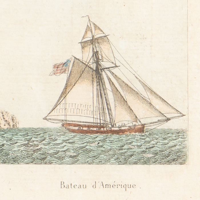 Pair of colored engravings of American ships under sail by Jean-Jerome Baugean (c. 1840)