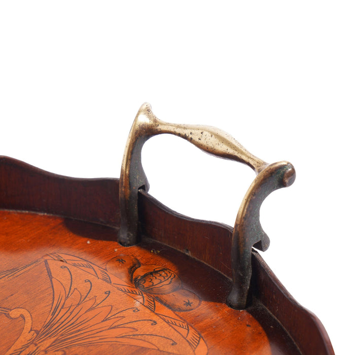 English mahogany oval inlaid serving tray with scalloped gallery (c. 1800's)