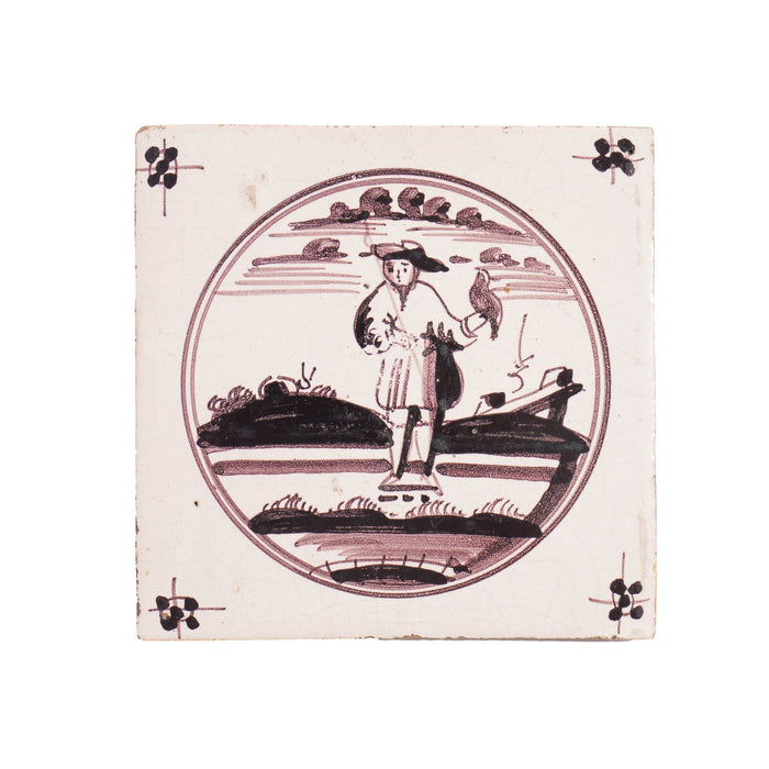 Set of 7 mulberry decorated figural Delft faience tiles (c. 1680-1700)