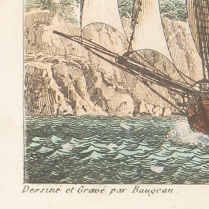 Pair of colored engravings of American ships under sail by Jean-Jerome Baugean (c. 1840)