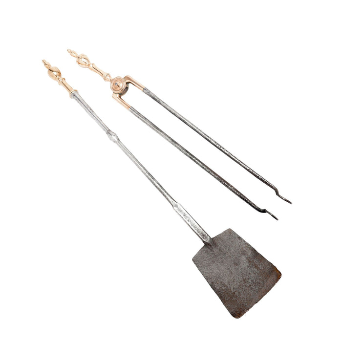 Pair of Philadelphia bell metal andirons with paired fire tools (c. 1790)