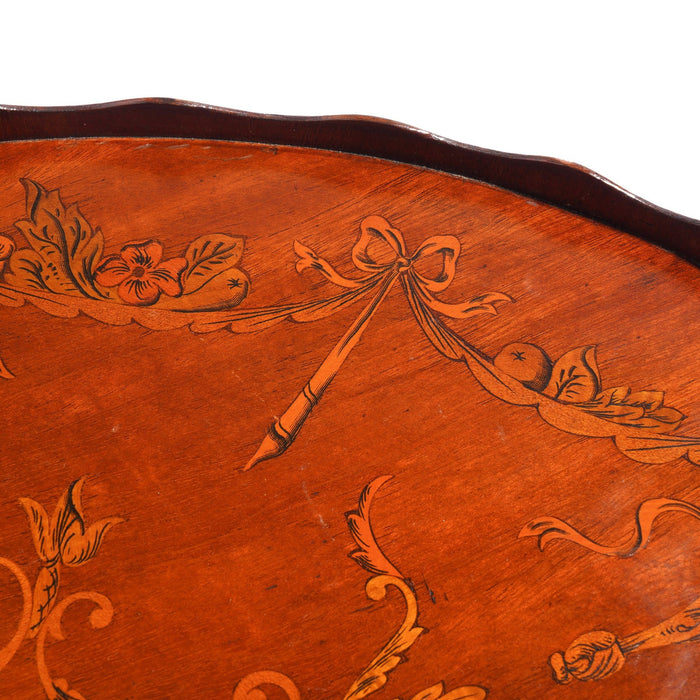 English mahogany oval inlaid serving tray with scalloped gallery (c. 1800's)