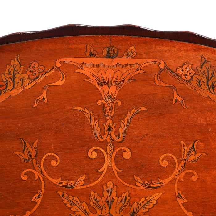 English mahogany oval inlaid serving tray with scalloped gallery (c. 1800's)