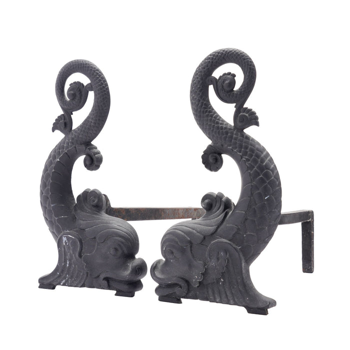 Pair of cast iron dolphin form andirons by Bradley & Hubbard (c. 1900)