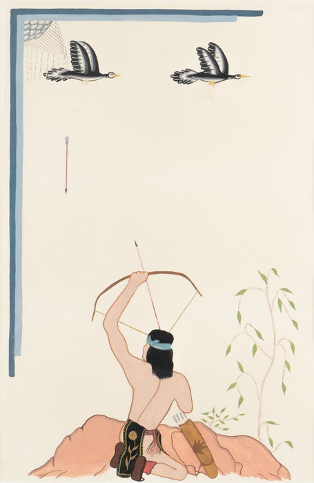 Unsigned Navajo gouache on paper of a hunter with birds (c. 1940)