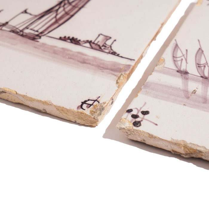 Pair of mulberry faience tiles of sailing vessels (c. 1700's)