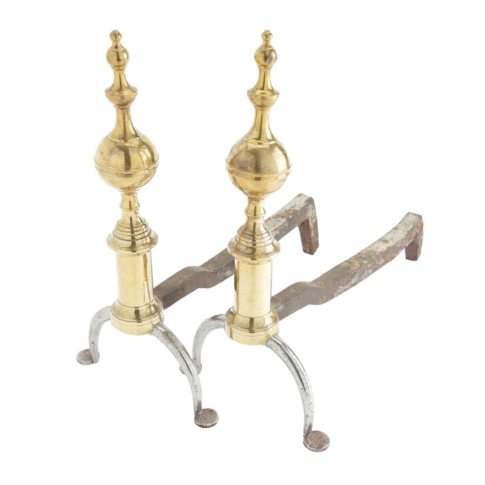 Pair of American cast brass and forged iron steeple top andirons (c. 1812-15)