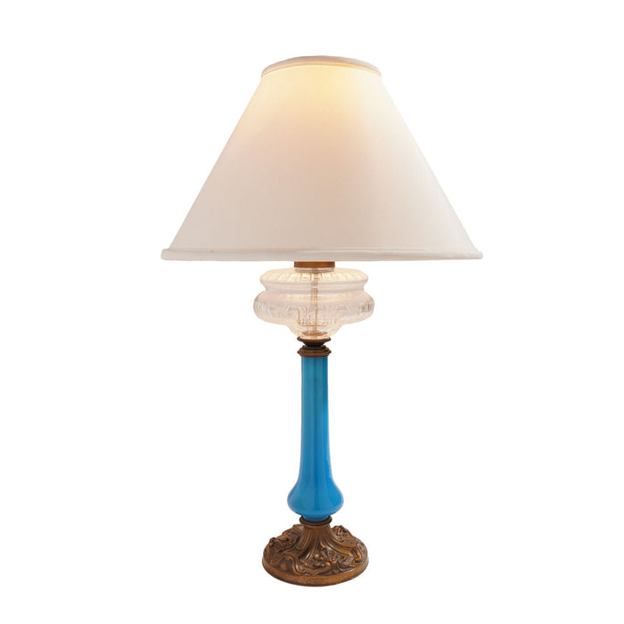 English brass and blue opaline glass oil lamp (c. 1850)