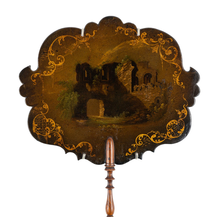 English papier maché face screen with turned rosewood handle (c. 1835)