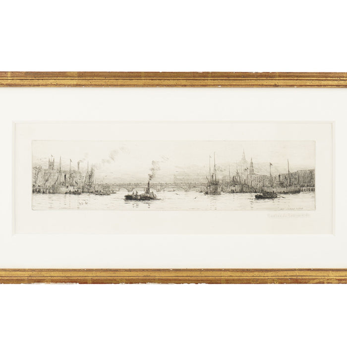 Engraving of London on the Thames River from the Docklands by Rowland Langmaid (1926)