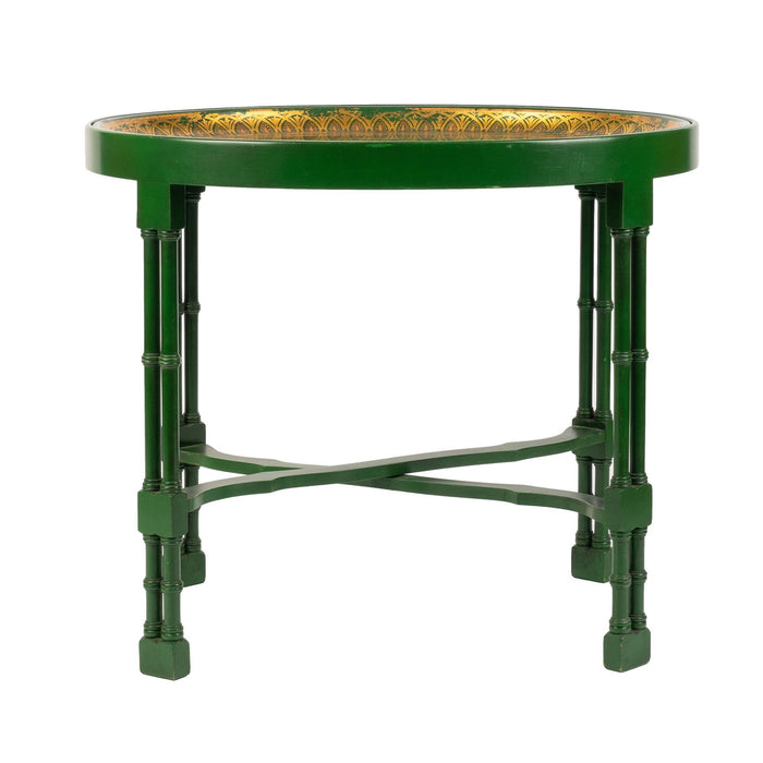 English oval green tole tray table on custom bamboo turned stand (1860)