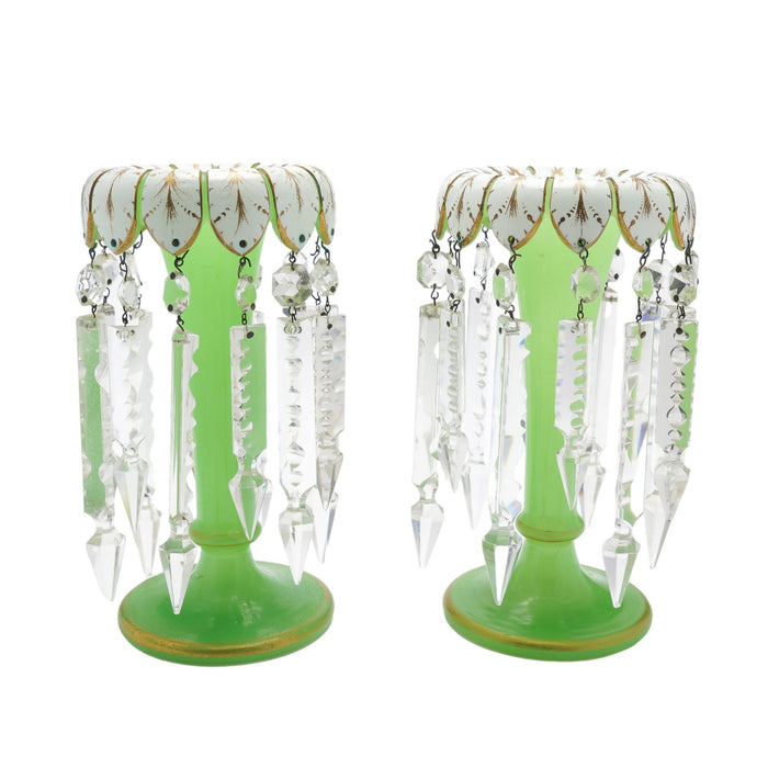 Pair of English Regency trumpet form glass garniture vases with lusters (c. 1830)