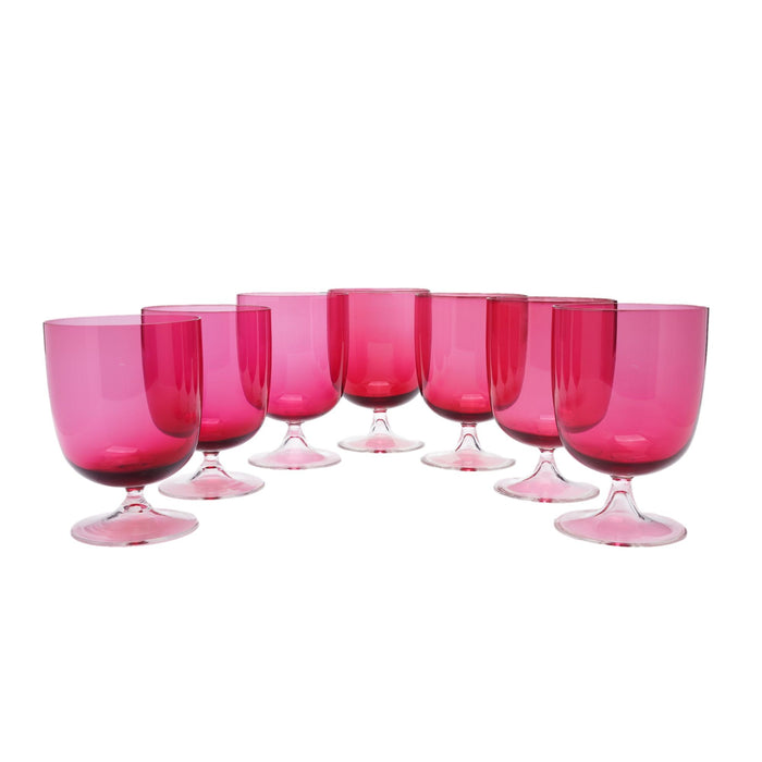 Set of seven English hand blown cranberry goblets (c. 1900)