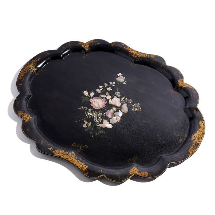 English inlaid paper mache tea tray with scalloped edge (c. 1850's)