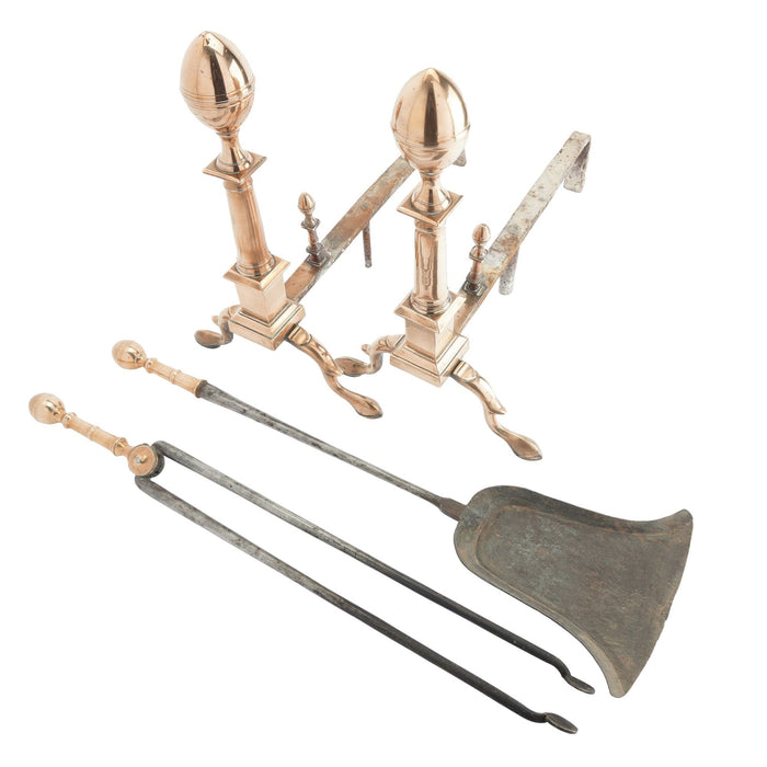 Boston bell metal lemon top andirons with matching fire tools (c. 1790)