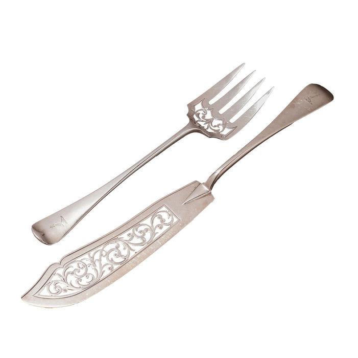 English sterling silver fork and knife fish set by Chawner & Co (1856)